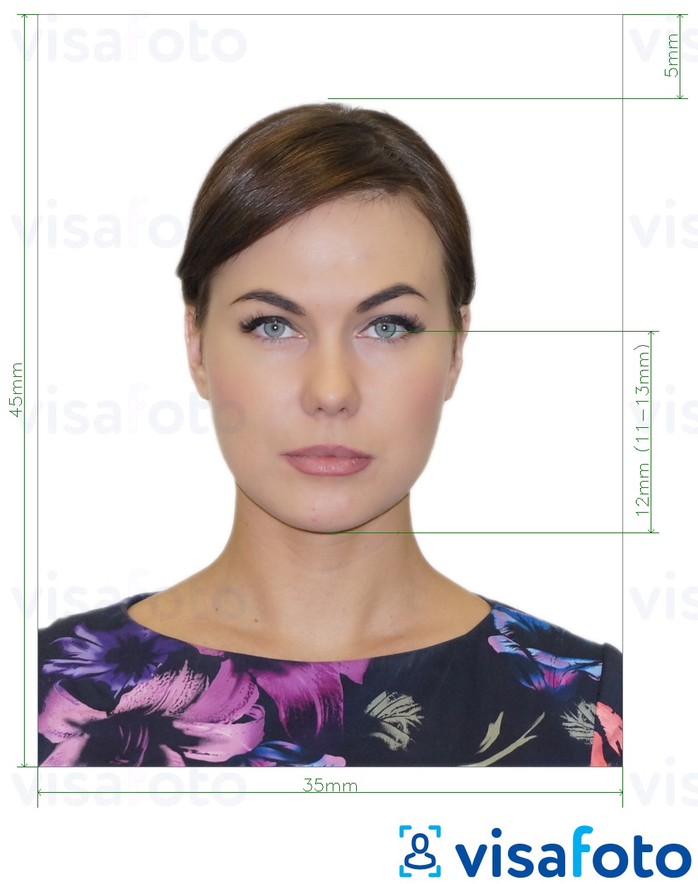 نمونه ی یک عکس برای پاسپورت روسیه (چشم به پایین چانه 12 میلی متر)، 35x45 میلی متر با مشخصات دقیق