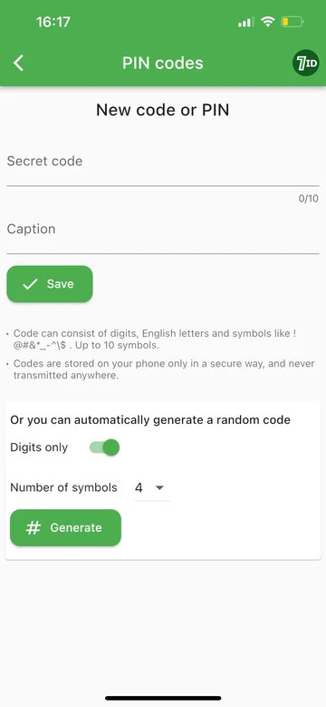 7ID: ایک PIN یا کوڈ بنائیں