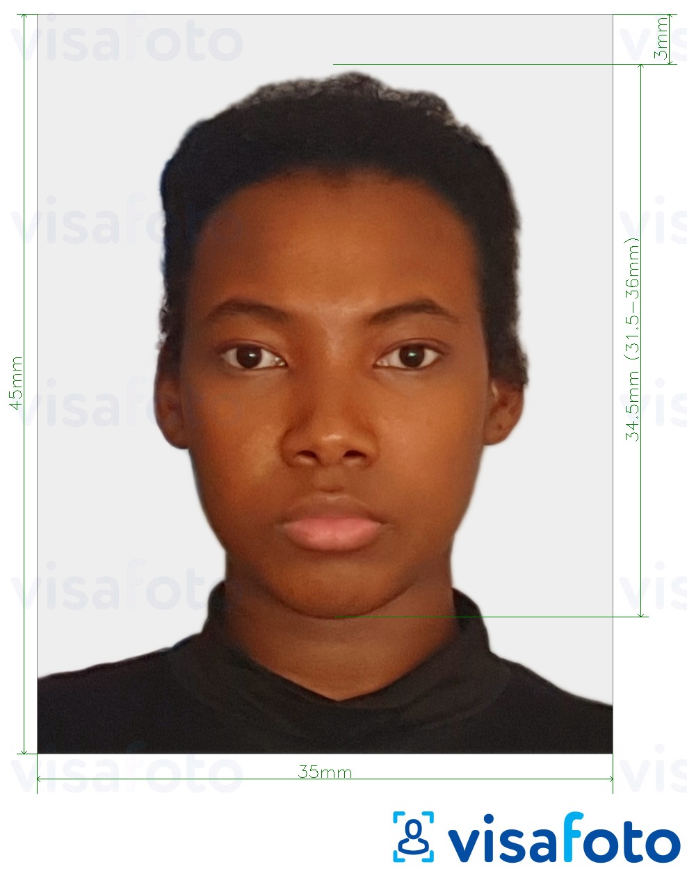 نمونه ی یک عکس برای پاسپورت کنگو (برازاویل) 35x45 میلی متر (3.5x4.5 سانتی متر) با مشخصات دقیق