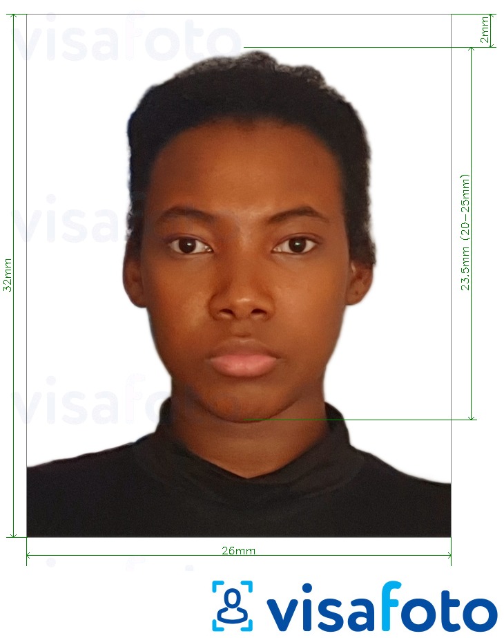 نمونه ی یک عکس برای پاسپورت گویان 32x26 میلی متر (1.26x1.02 اینچ) با مشخصات دقیق