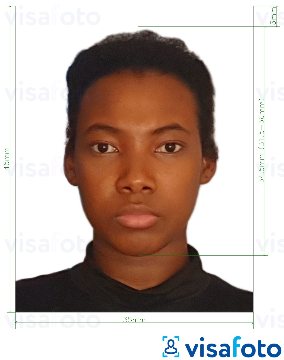 نمونه ی یک عکس برای پاسپورت گویان 45x35 میلی متر (1.77 x 1.38 اینچ) با مشخصات دقیق