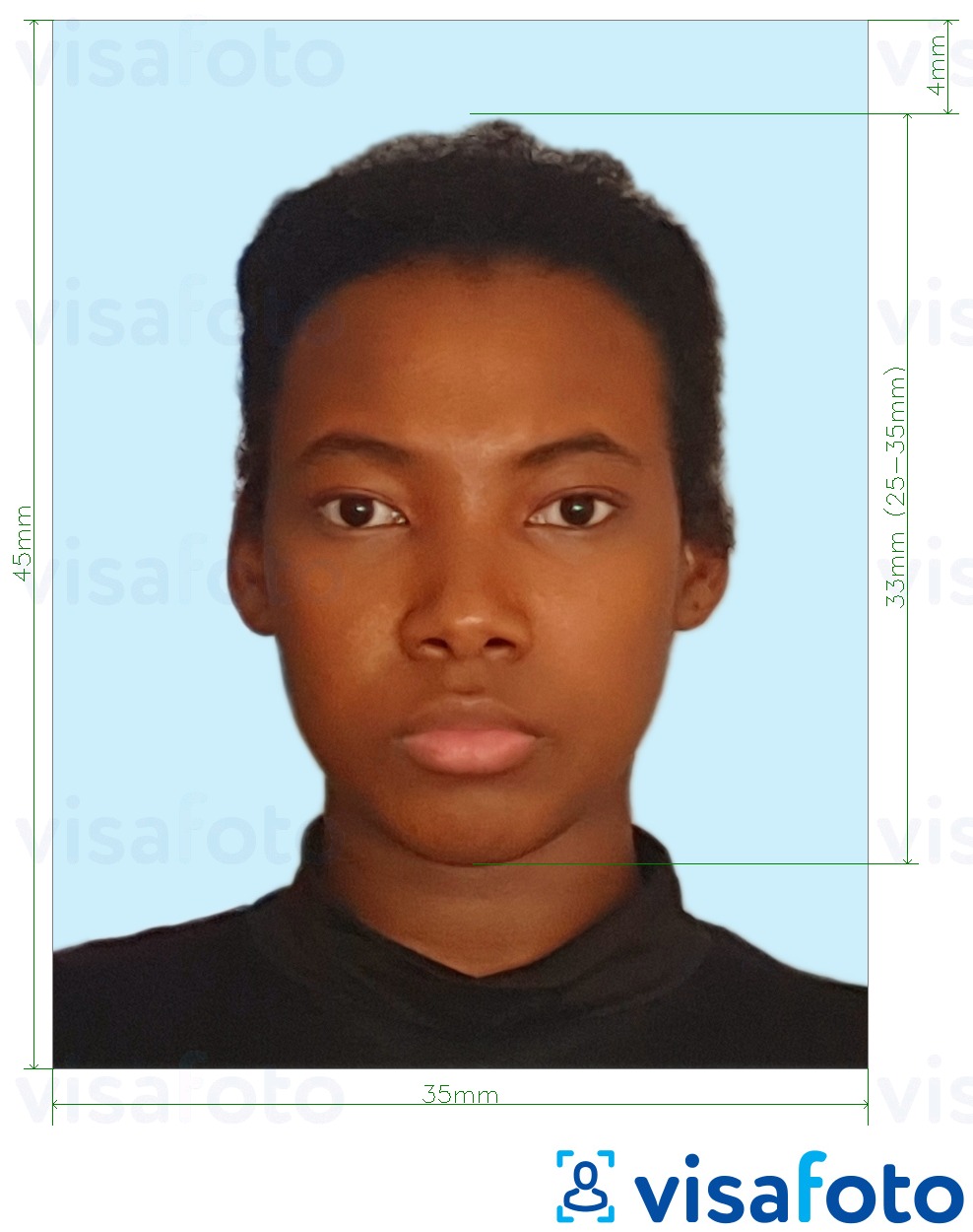 نمونه ی یک عکس برای گذرنامه جامائیکا پس زمینه آبی کم رنگ 35x45 میلی متر با مشخصات دقیق