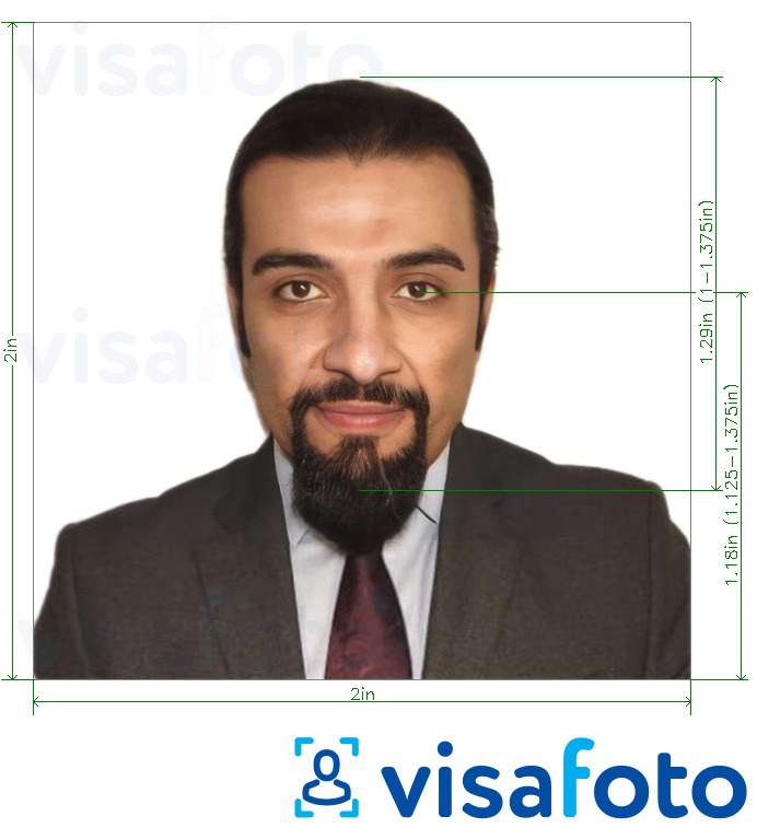 نمونه ی یک عکس برای پاسپورت اردن 2x2 اینچ از ایالات متحده آمریکا (51 × 51 میلی متر) با مشخصات دقیق